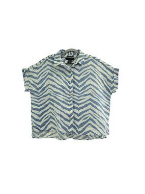 Tahari 100% Linen Short Sleeve Blouse Sz M Blue White Zebra Print Relaxed Casual